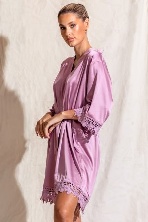 Satin lace bridesmaid robe mauve purple