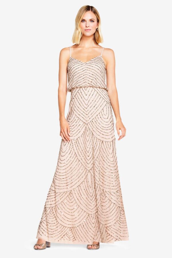 Gatsby Art Deco Blouson Beaded Bridesmaid Dress By Adrianna Papell - Taupe Pink
