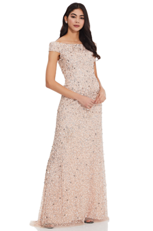 Lillian Off the Shoulder Sequin Beaded Gown By Adrianna Papell - Blush