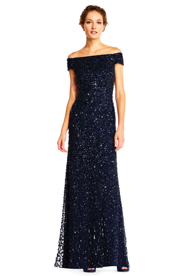 Lillian Off the Shoulder Sequin Beaded Gown By Adrianna Papell - Navy