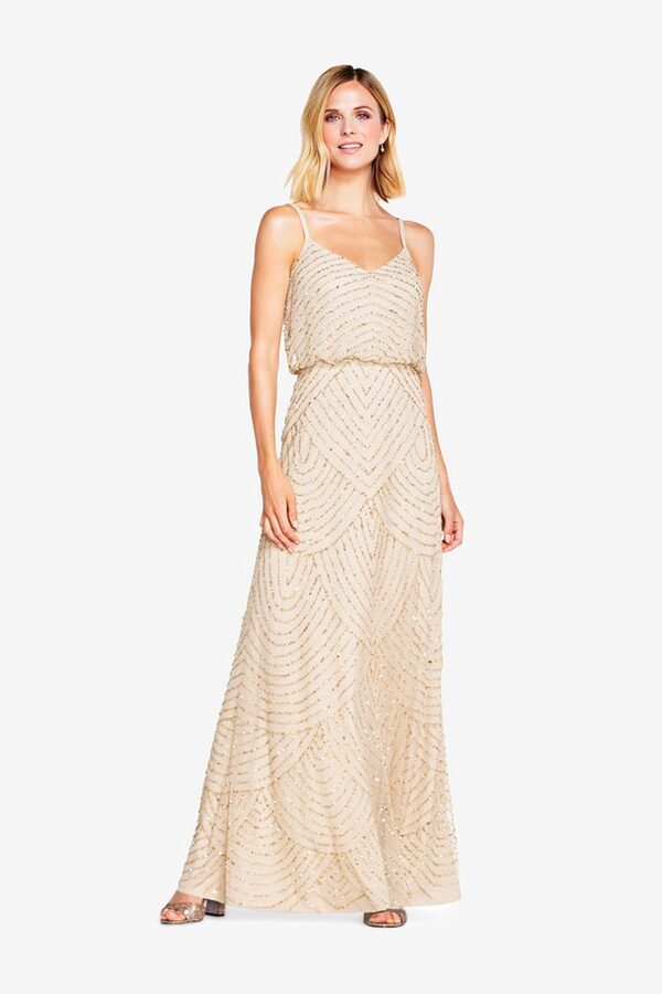 Gatsby Art Deco Blouson Beaded Gown By Adrianna Papell - Champagne Gold Gatsby Art Deco Blouson Beaded Bridesmaid Dress By Adrianna Papell - Champagne Gold