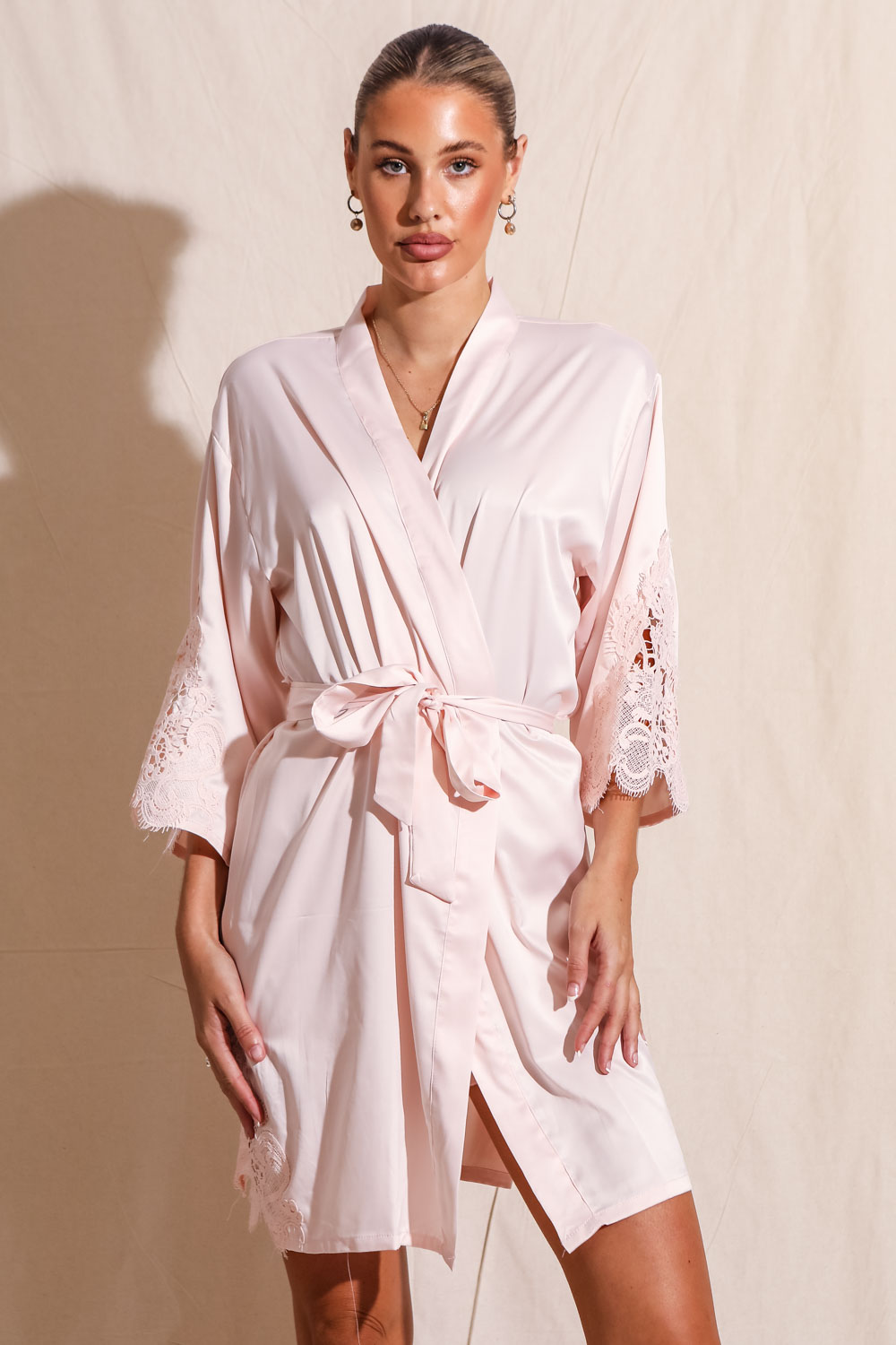 Amelie Blush Satin Bridesmaid Robe with Lace Trim