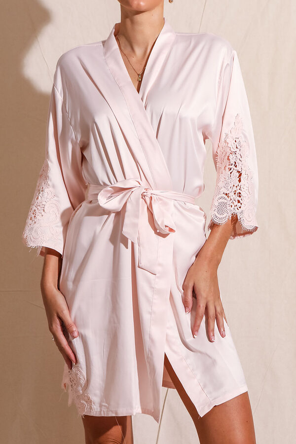 Amelie Blush Satin Bridesmaid Robe with Lace Trim2 Amelie Blush Satin Bridesmaid Robe with Lace Trim
