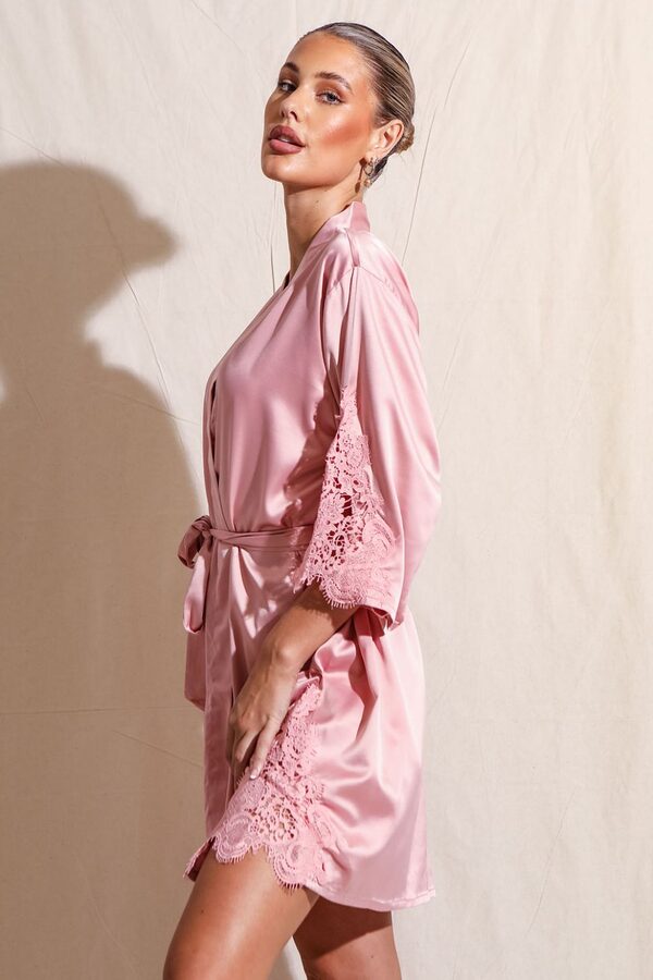 Amelie Dusty Pink Satin Bridesmaid Robe with Lace Trim4 Dusty Pink Satin Bridesmaid Robe For Bridal Party