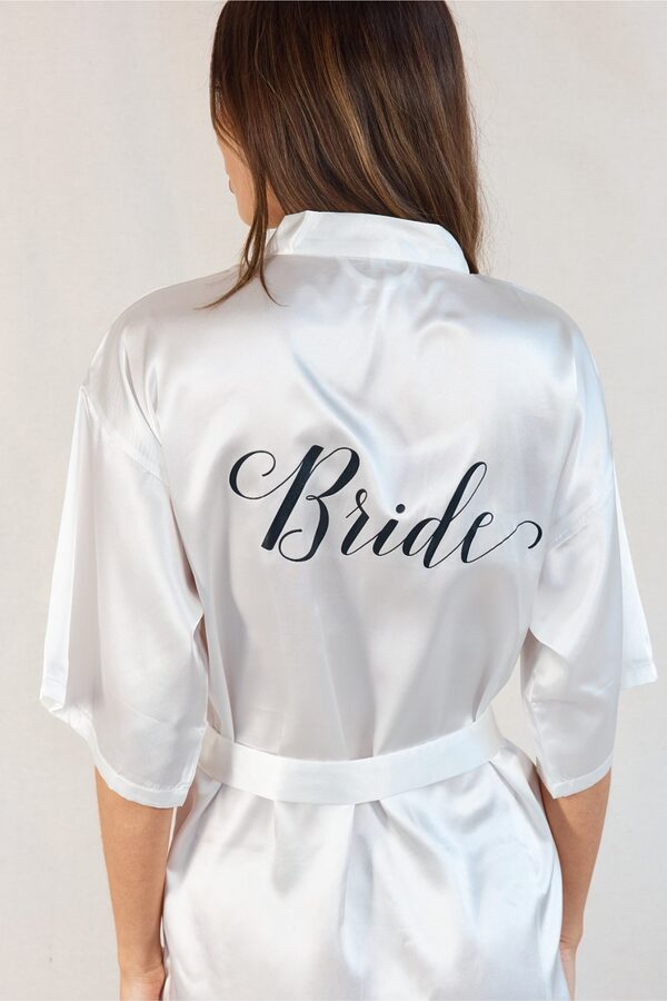 Evie White Personalised Bridal Robe Black Font Personalised Bridal Party Robes White
