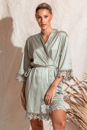 Satin lace bridesmaid robe sage green