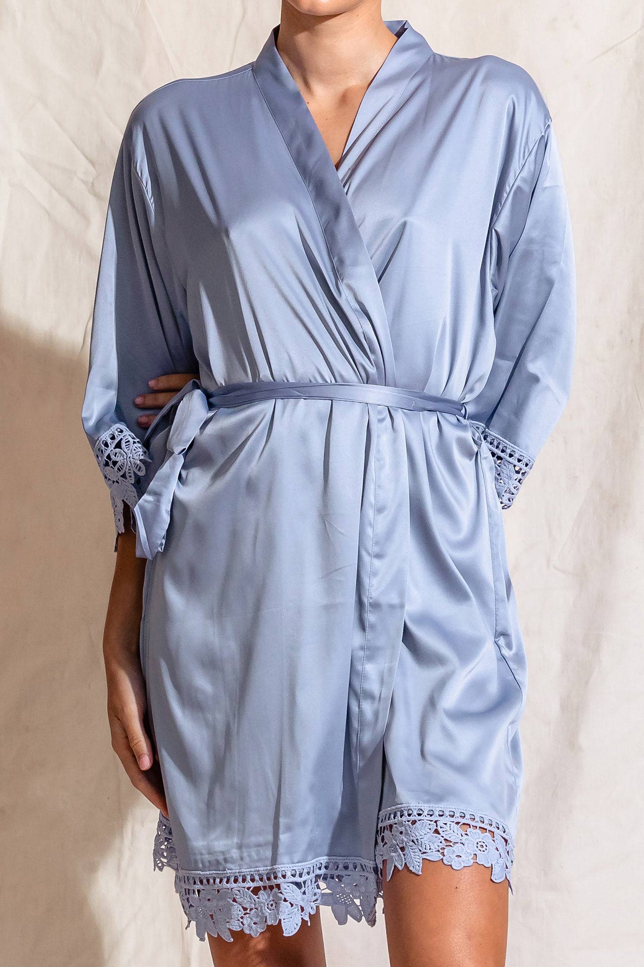 Ella Dusty Blue Lace Satin Bridesmaids Robe