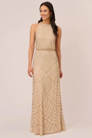 Nouveau Halter Beaded Nude Bridesmaid Dress By Adrianna Papell