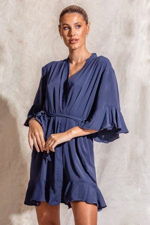 Olivia Matte Cotton Ruffle Navy Blue Robes