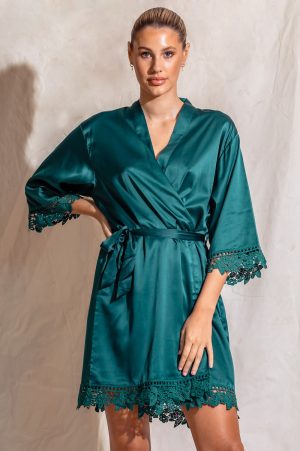 Ella Emerald Green Lace Satin Bridesmaids Robe