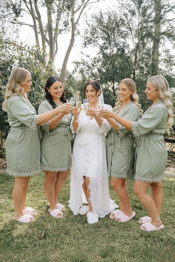 Ava Sage Green Sage Bridesmaid Robes with Lace Trim