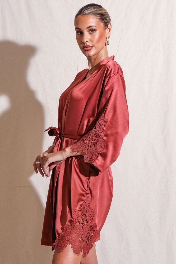 Amelie Cinnamon Satin Bridesmaid Robe with Lace Trim3 Burnt Orange Satin Bridesmaid Robe with Lace Trim Bridesmaid Gift