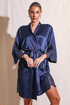 Navy Satin Bridesmaid Robe with Lace Trim Bridesmaid Gift