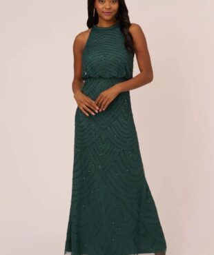 Nouveau Halter Beaded Emerald Bridesmaid Dress