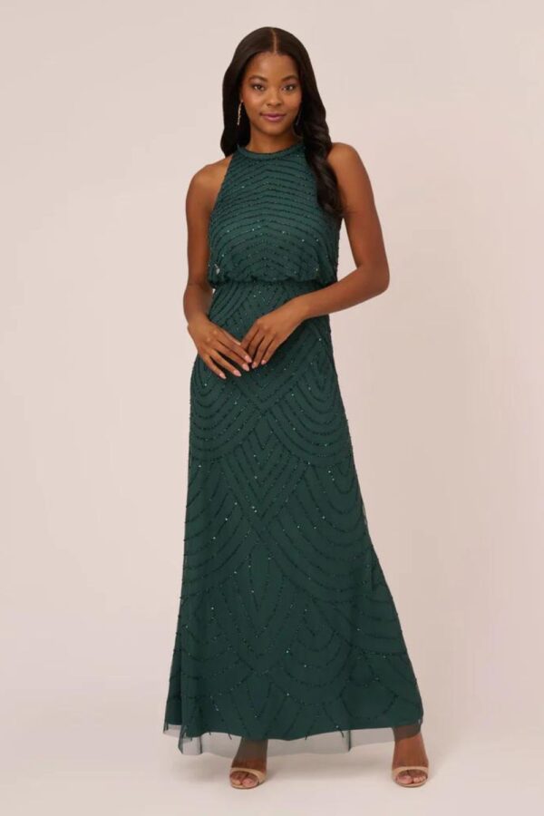 Nouveau Halter Beaded Emerald Bridesmaid Dress