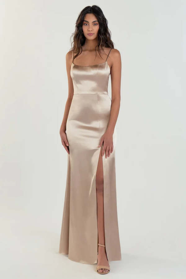 Chase Satin Bridesmaids Dress Pale Gold side Chase Satin Bridesmaids Dress Pale Gold back