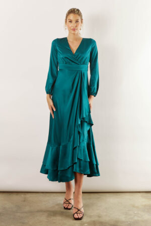 Blakely Long Sleeve Satin Boho Bridesmaid Dress by Talia Sarah in Emerald Australian Under 300 Curvy Plus Size