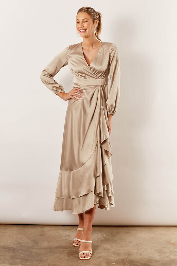 Blakely Long Sleeve Satin Bridesmaid Dress by Talia Sarah in Gold2 Blakely Long Sleeve Satin Boho Bridesmaid Dress by Talia Sarah in gold Australian Under 300 Curvy Plus Size