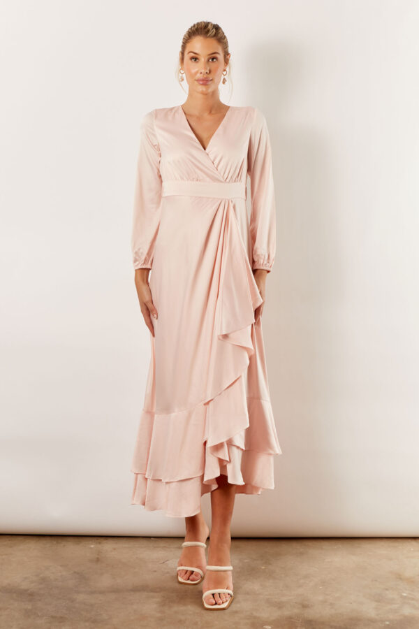 Blakely Long Sleeve Satin Boho Bridesmaid Dress by Talia Sarah in Nude Pink Australian Under 300 Curvy Plus Size