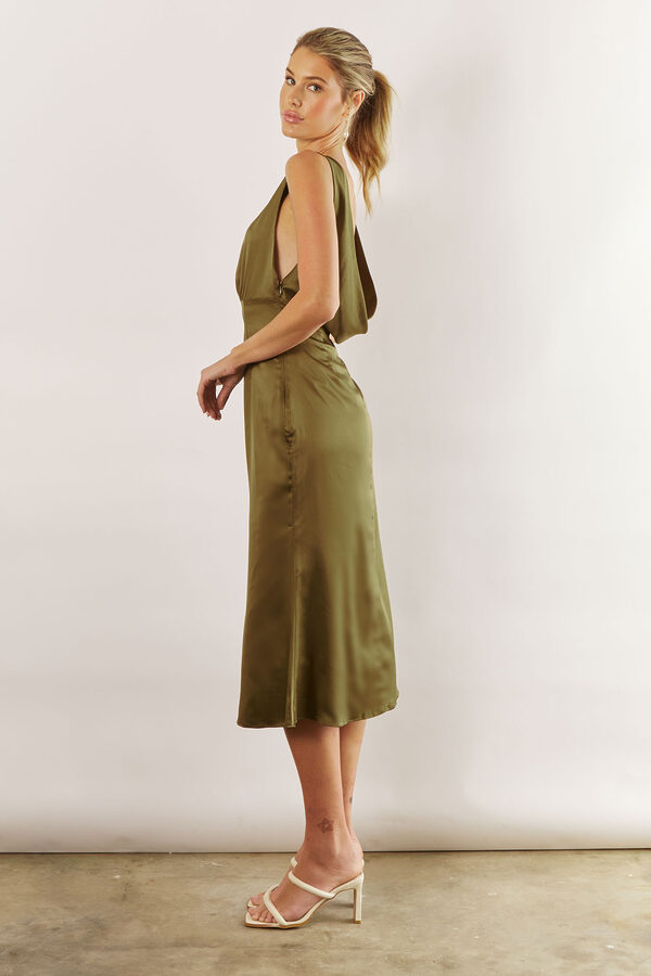 Harlow Cowl Satin Bridesmaid Dress by Talia Sarah in Olive Green3 Harlow Cowl Satin Bridesmaid Dress by Talia Sarah in Olive Green Australian Under 300