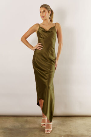 Kaia Satin Cowl Bridesmaid Dress Olive Green Australia Under 200