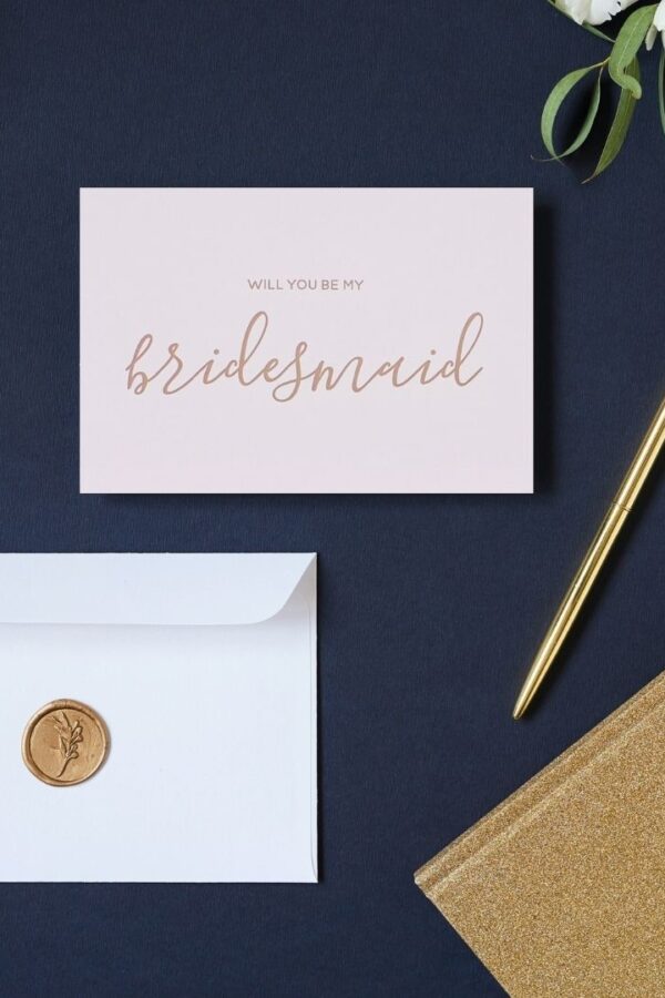 Will You Be My Bridesmaid Card in Blush Pink and Gold