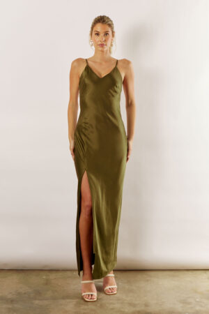 Blair Satin Slip Bridesmaid Dress by Talia Sarah in Olive Green Australian Under 300 Curvy Plus Size