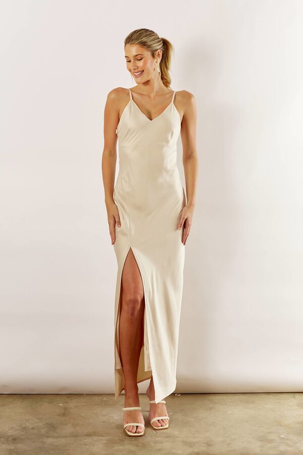 BlairSatinSlipBridesmaidDressProsecco2 Blair Satin Slip Bridesmaid Dress by Talia Sarah in Prosecco Gold Australian Under 200 Curvy Plus Size