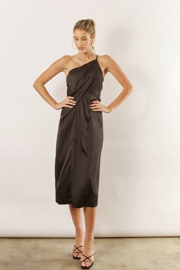 Indie Asymmetrical Midi Satin Bridesmaids Dress in Black2 Indie satin asymmetrical satin dress by Talia Sarah in Black
