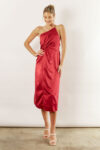 Indie satin asymmetrical satin dress by Talia Sarah in Burgundy Red