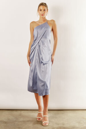 Indie satin asymmetrical satin dress by Talia Sarah in dusty blue