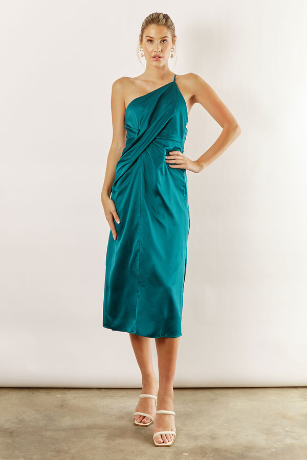 Indie Asymmetrical Midi Satin Bridesmaids Dress in Emerald Green Indie satin asymmetrical satin dress by Talia Sarah in emerald green