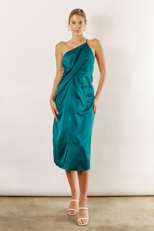 Indie satin asymmetrical satin dress by Talia Sarah in emerald green