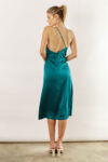Indie satin asymmetrical satin dress by Talia Sarah in emerald green