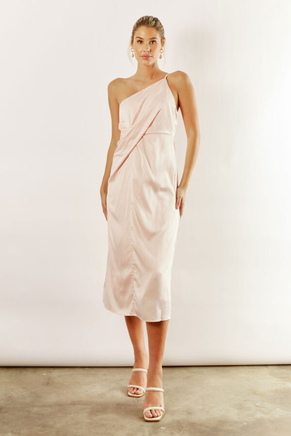 Indie satin asymmetrical satin dress by Talia Sarah in nude pink