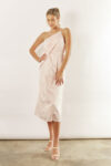 Indie satin asymmetrical satin dress by Talia Sarah in nude pink