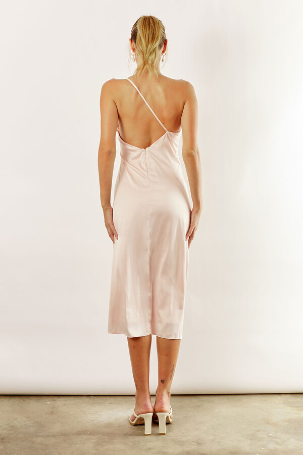 Indie Asymmetrical Midi Satin Bridesmaids Dress in Nude Pink4 Indie satin asymmetrical satin dress by Talia Sarah in nude pink