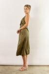 Indie satin asymmetrical satin dress by Talia Sarah in olive green