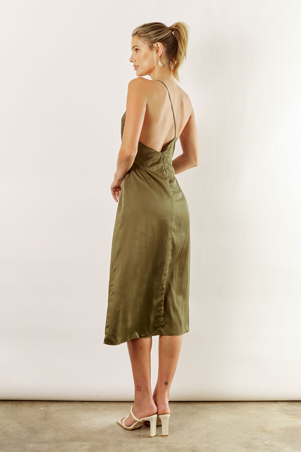 Indie Asymmetrical Midi Satin Bridesmaids Dress in Olive Green4 Indie satin asymmetrical satin dress by Talia Sarah in olive green