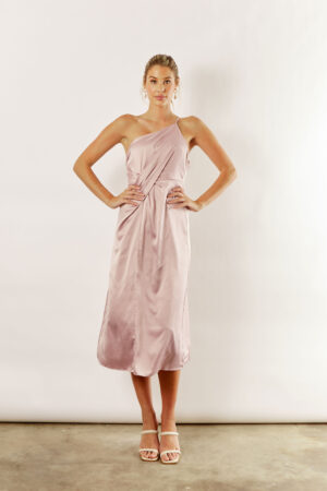 Indie satin asymmetrical satin dress by Talia Sarah in Quartz Blush Pink