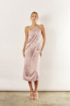 Indie satin asymmetrical satin dress by Talia Sarah in Quartz Blush Pink