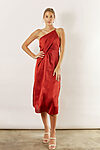 Indie satin asymmetrical satin dress by Talia Sarah in rust burnt orange