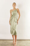 Indie satin asymmetrical satin dress by Talia Sarah in sage green