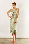 Indie satin asymmetrical satin dress by Talia Sarah in sage green