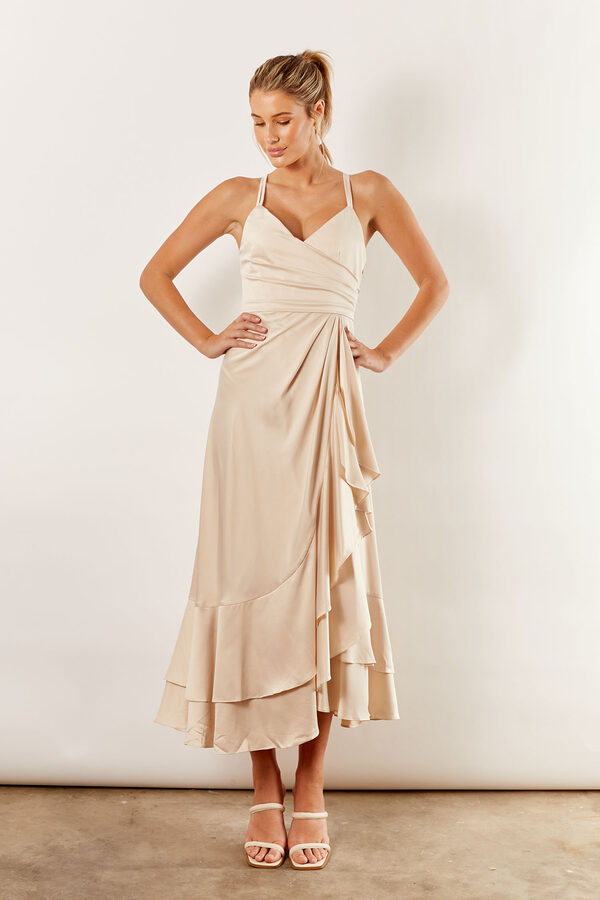 IslaSatinBridesmaidsDressChampagne Isla satin ruffle satin dress by Talia Sarah in Champagne