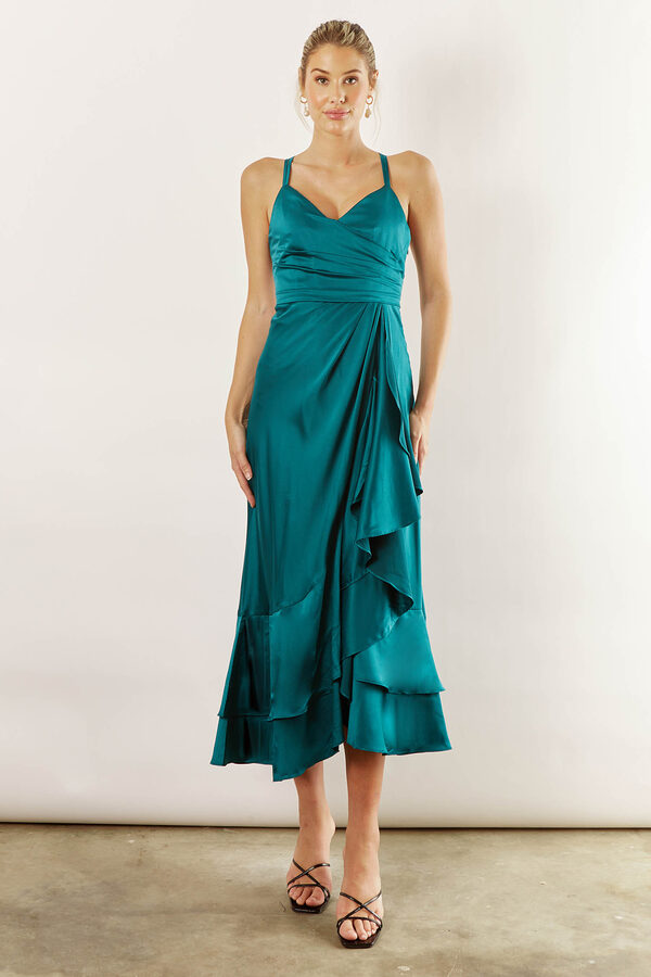 IslaSatinBridesmaidsDressEmeraldGreen Isla satin ruffle satin dress by Talia Sarah in Emerald Green