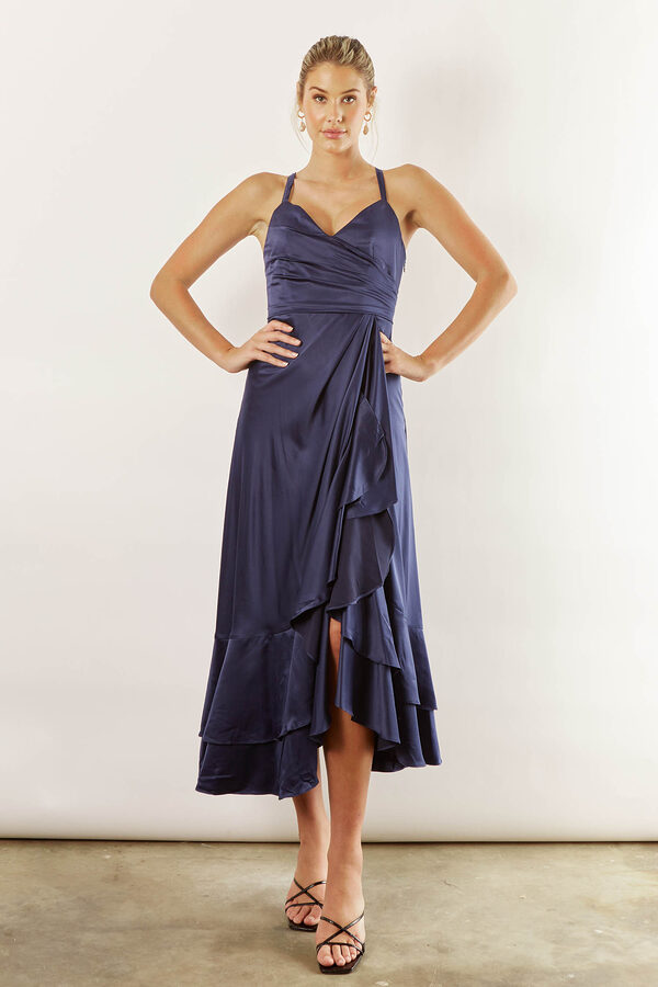 IslaSatinBridesmaidsDressNavy Isla satin ruffle satin dress by Talia Sarah in Navy
