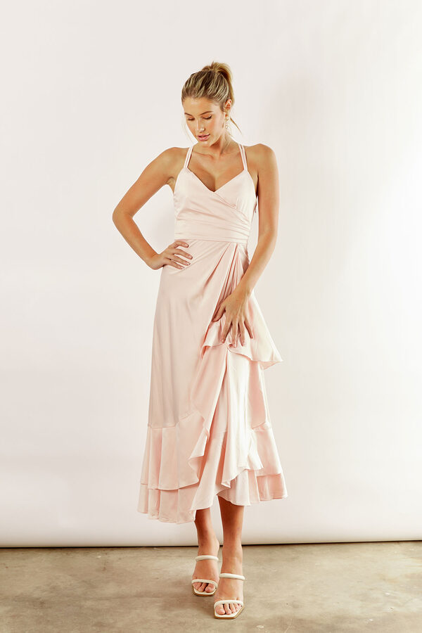 IslaSatinBridesmaidsDressNudePink2 Isla satin ruffle satin dress by Talia Sarah in Nude Pink