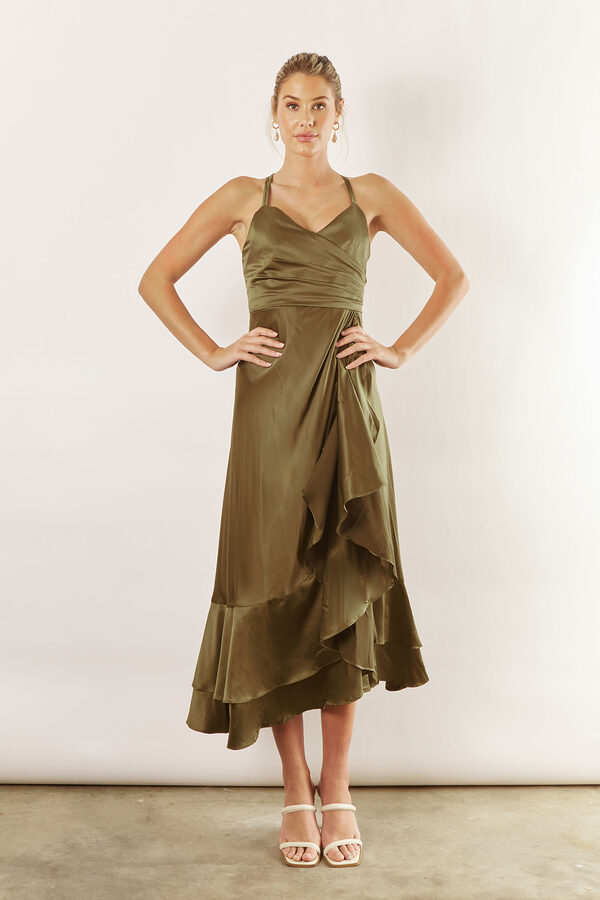 IslaSatinBridesmaidsDressOliveGreen Isla satin ruffle satin dress by Talia Sarah in Olive Green