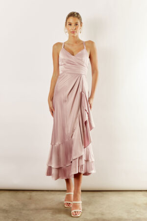Isla satin ruffle satin dress by Talia Sarah in Quartz Blush Pink